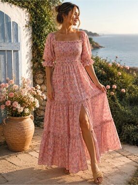 NWT R.YIPOSHA Pink Floral Smocked Cottagecore Maxi Dress XXL 20/22 Vacation